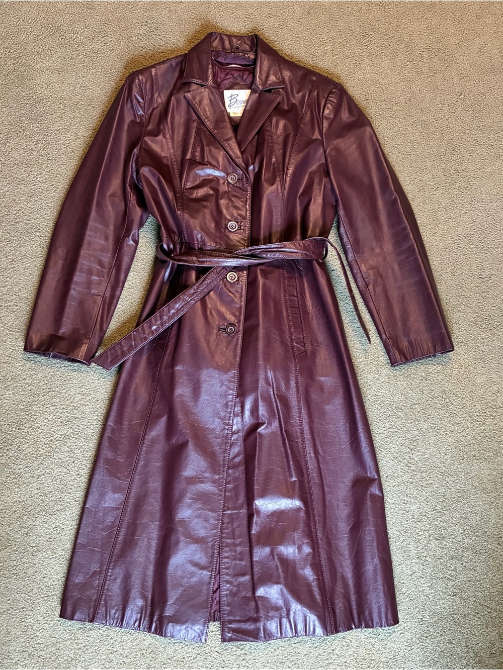Women's Vintage Berman's Lined Long Leather Trench Coat Size 14 Brown/Burgundy